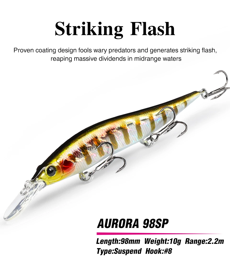 TSURINOYA 98mm 10g SP Tiefe Max 2,2m Suspending Minnow Jerkbait AURORA 98SP Gewicht Harter Köder Weitwurf Angelköder – Detail 14