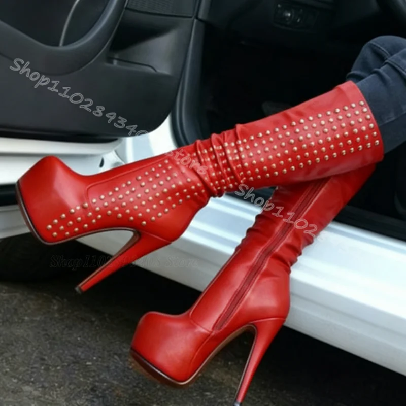 

Red Rivet Decor Platform Leather Boots Round Toe Side Zipper Stiletto Heels Fashion Party Spring Women Boots Zapatos Para Mujere