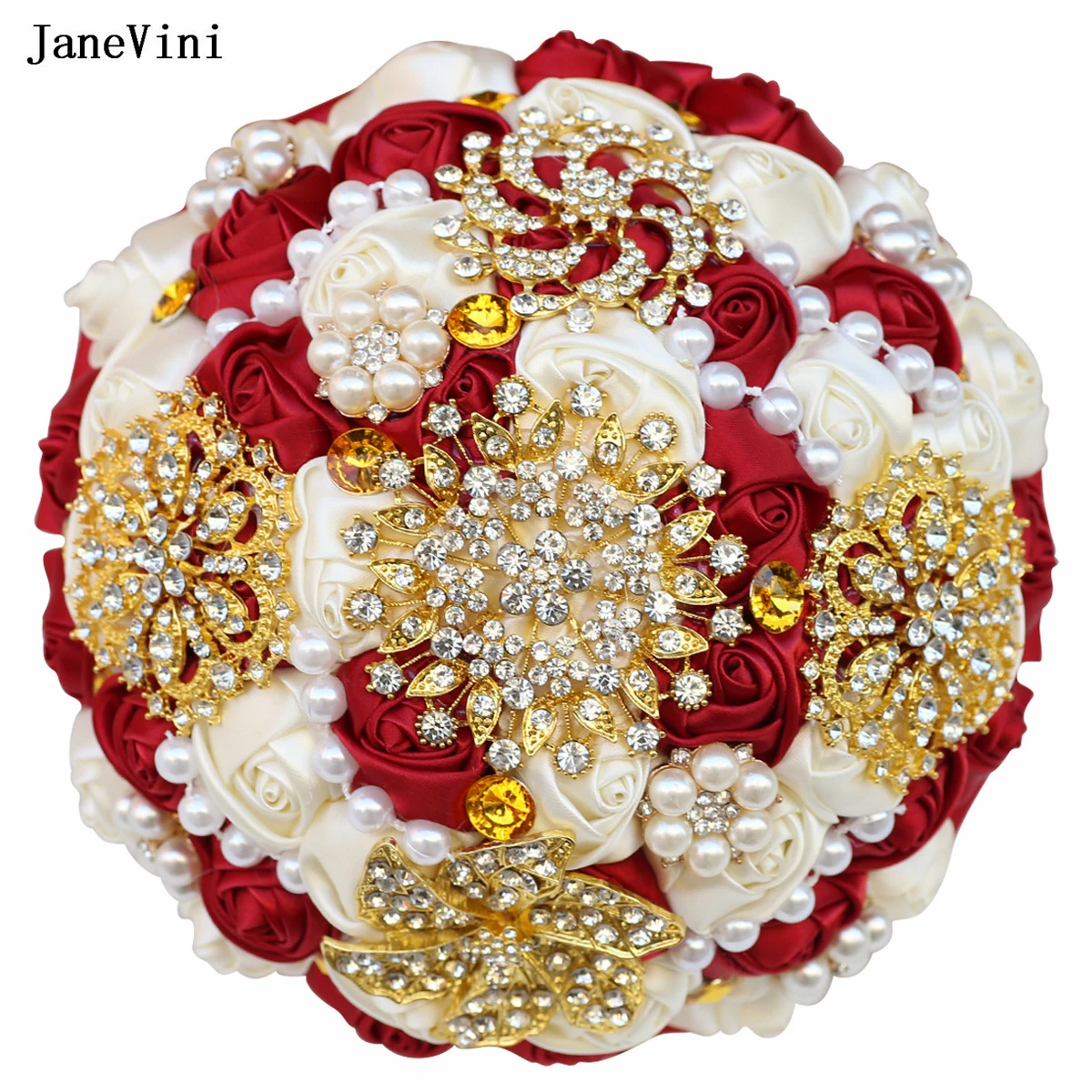 JaneVini 2024 Burgundy Ivory Bridal Bouquets Luxury Gold Rhinestone Pearls Artificial Satin Roses Jewelry Wedding Brooch Bouquet