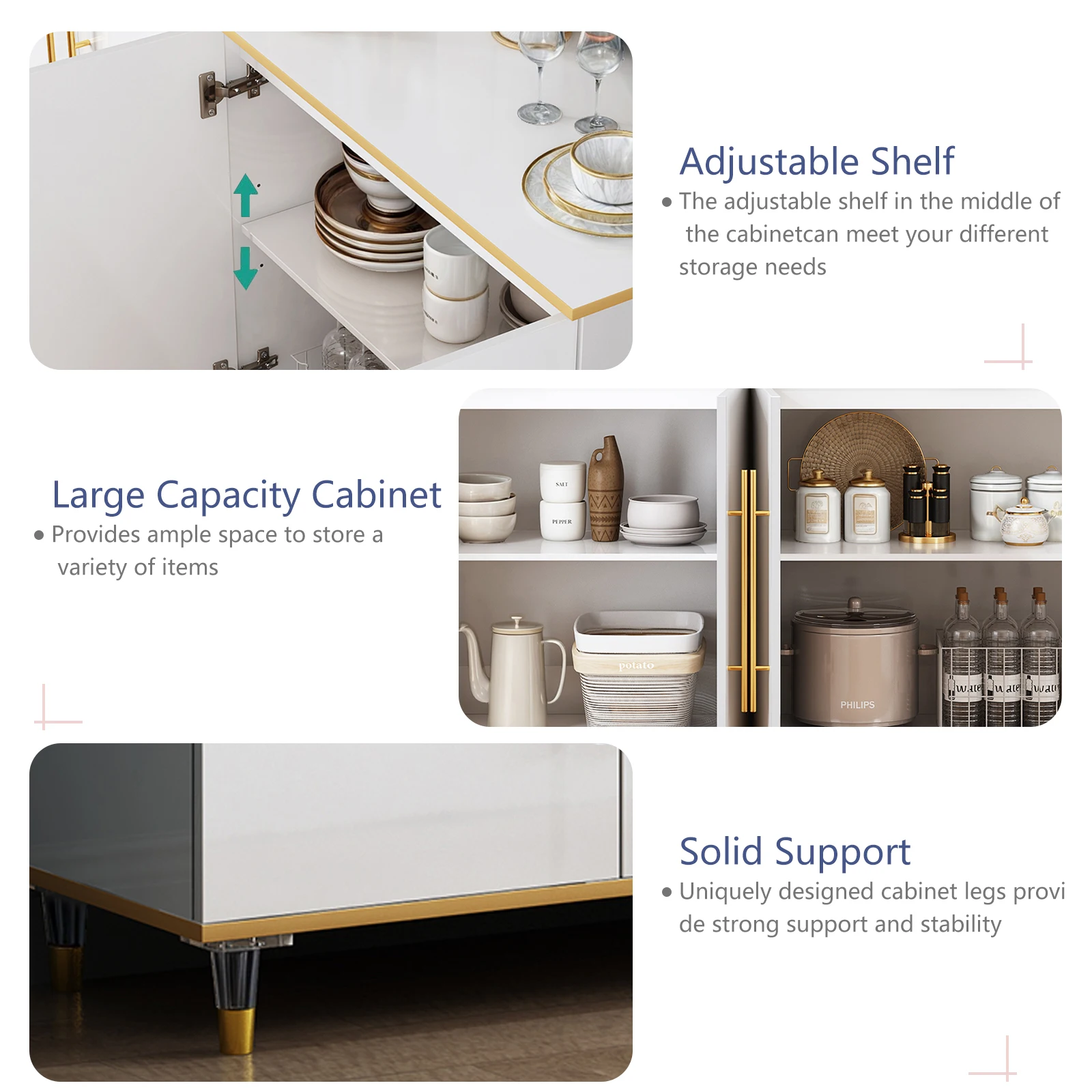 خزانة بوفيه مقاس 63 بوصة مع مساحة تخزين، وخزانة جانبية عالية اللمعان مع أرفف وأبواب قابلة للتعديل، وطاولة وحدة تحكم للتخزين