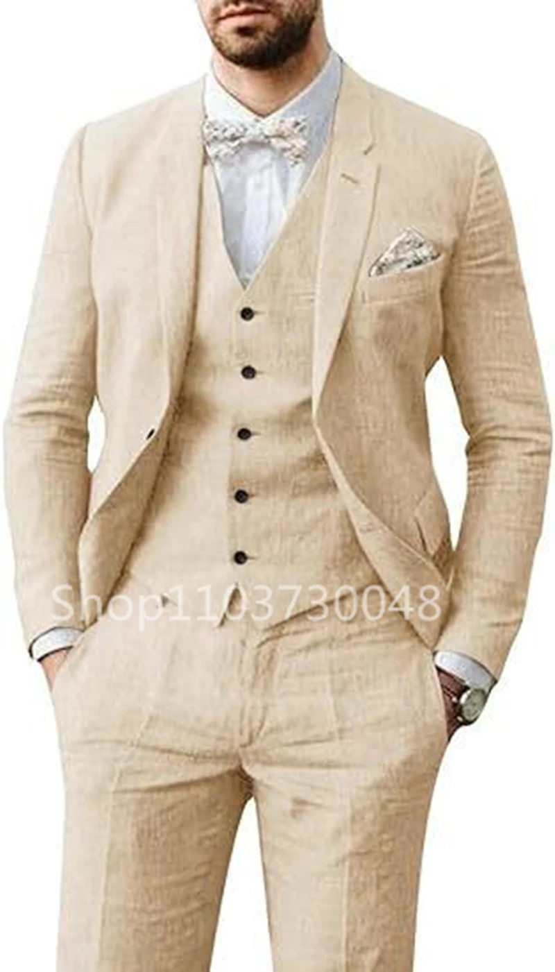 Elegant Beige/Blue Linen Men Suits Casual Single Breasted Slim Fit Blazer Vest Pants High Quality 3 Piece Summer Wedding Suits