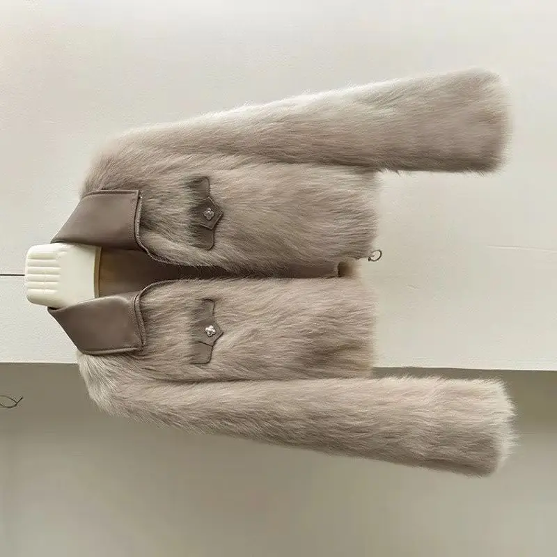 Imitation Fox Fur Coat Short 2026 Autumn/Winter New Faux Fur Cropped Jacket Chic Korean Female Outerwear Leather Button Tops Y2K