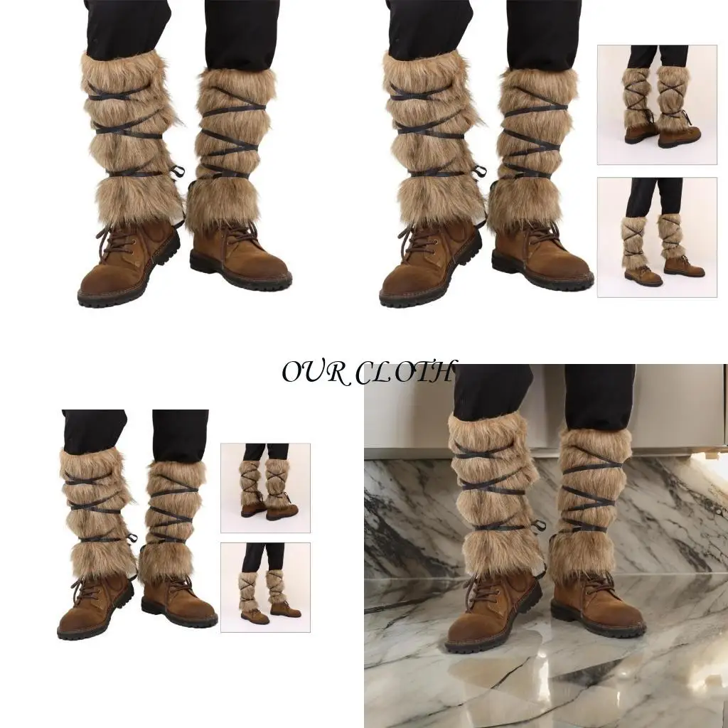 Medieval Leather Leg Guard Boot Covers Vintage Furry Leg Gaiters Mercenary Leg Guards Leg Warmer for Halloween Cosplay Y1AC