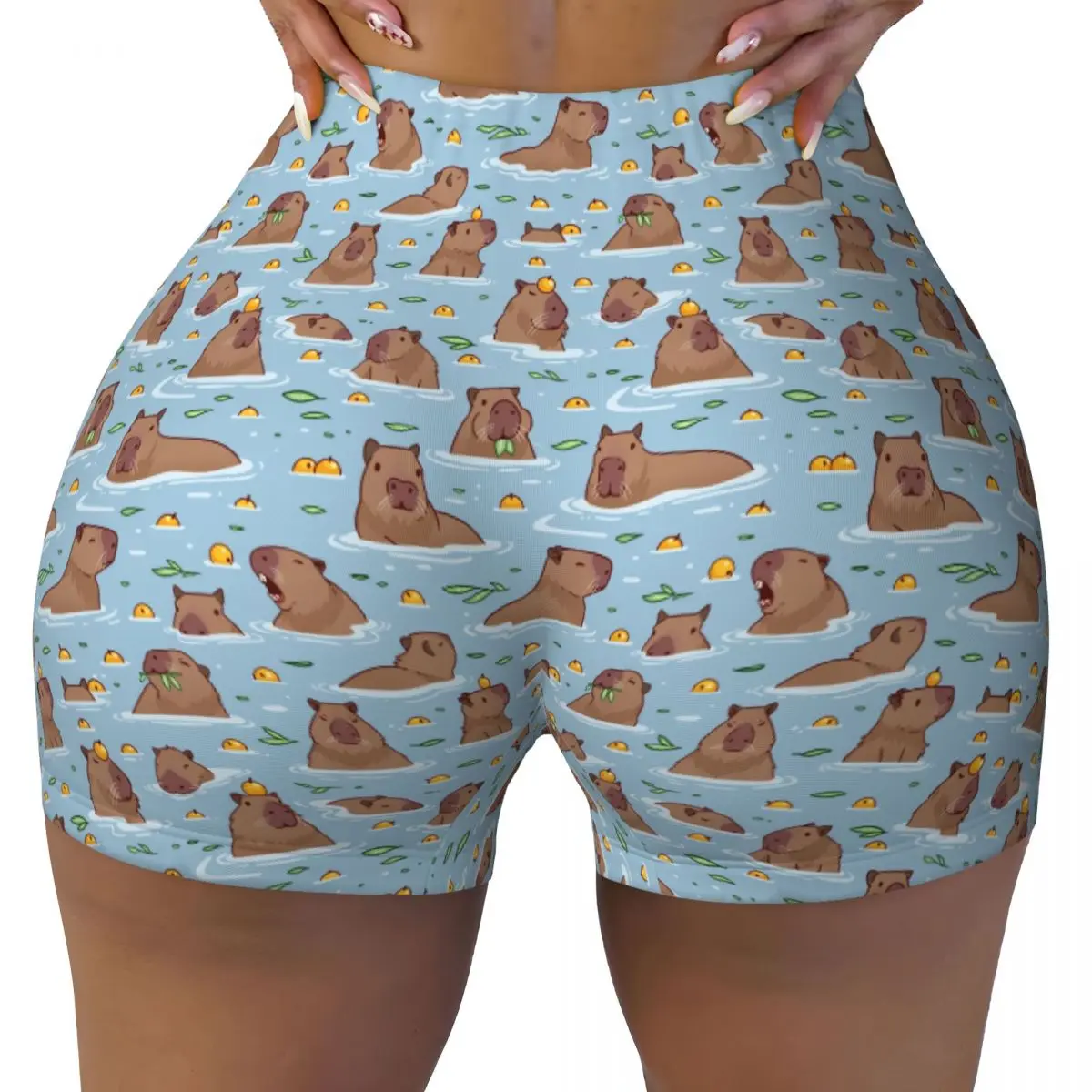 Custom Bathing Capybara Pattern Workout Shorts Women Gym Running Biker Yoga Shorts