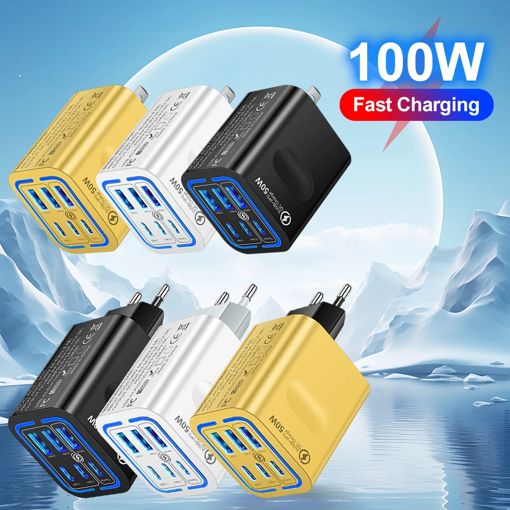 Total 100W 6 Ports Fast Charging EU/US/UK Plug Wall Charger For iPhone Samsung Xiaomi Huawei USB Phone Charger Adapter