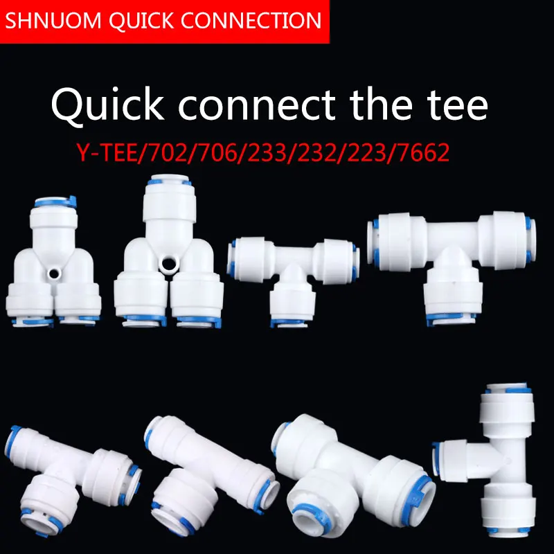 1/4 "3/8" ~ 1/4 "튜브 직경 장 6.5MM9.5MM 3 웨이 티 퀵 커넥트 푸시 피팅 RO 시스템 워터 223 피팅 T Tipy Fast Joint