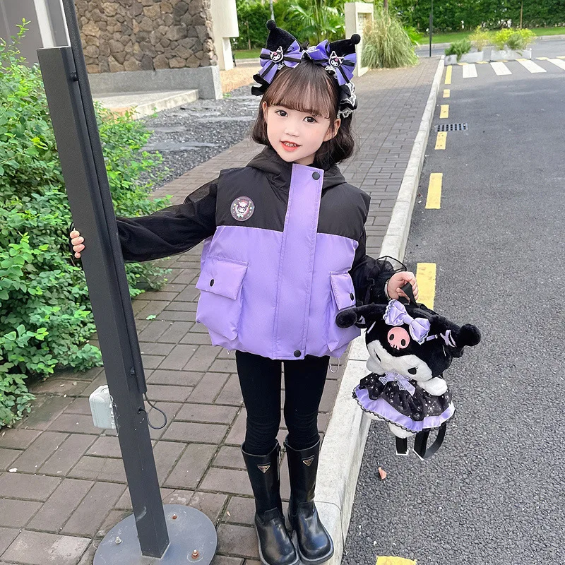 Sanrio Girl Vest Kuromi Autumn Winter Keep Warm Fashion Hooded Coat Thicken Cartoon Kawaii Cute Child Jacket Fashion Add Cotton