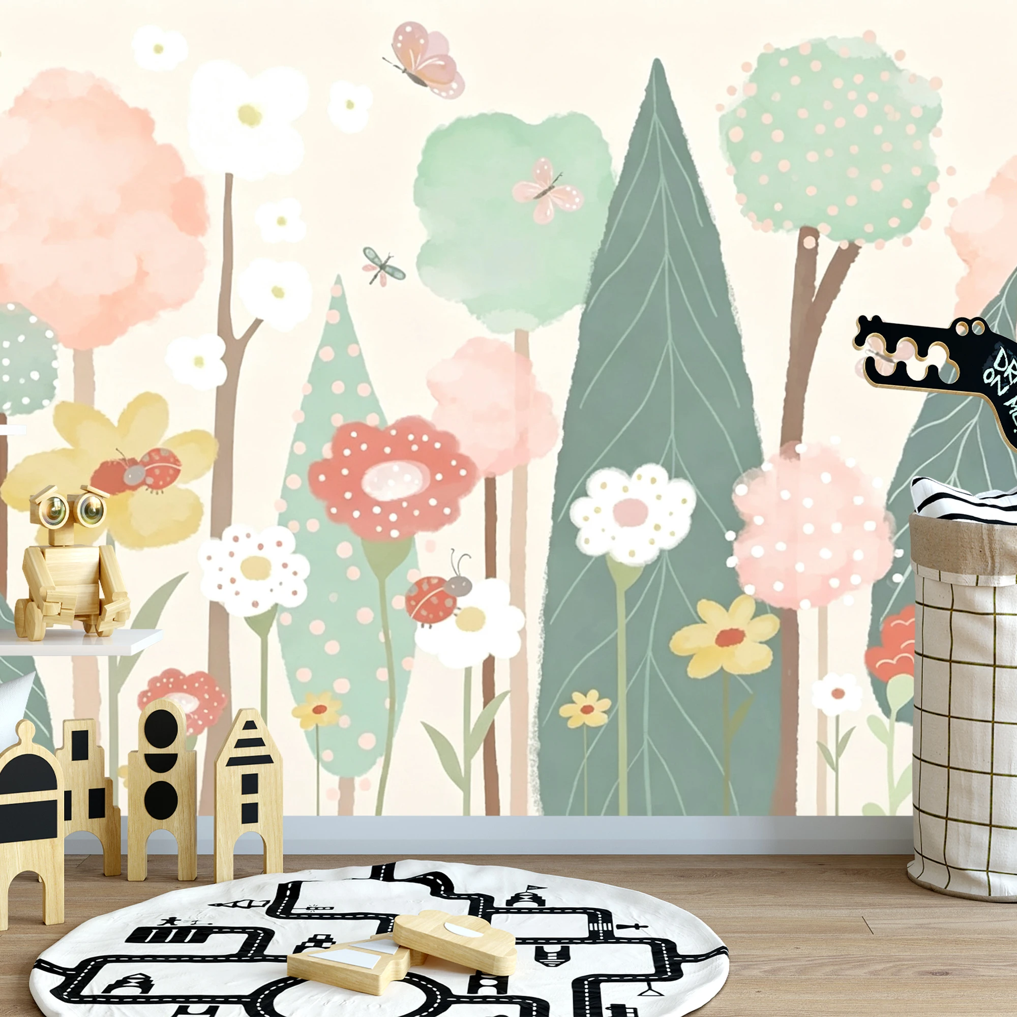 Kids Cartoon Flower Garden Wallpaper Custom Self‑Adhesive Wall Mural Pastel Plant Butterfly  Wall Decor For Girls Baby Nursery