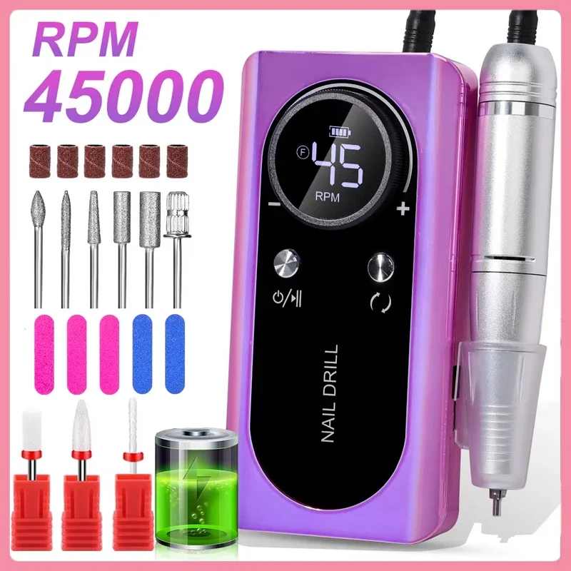 

Rechargeable Electric Nail Drill Machine Kit 45000RPM Portable Nail Sander File for Gel Nails Manicure Salon Home Use