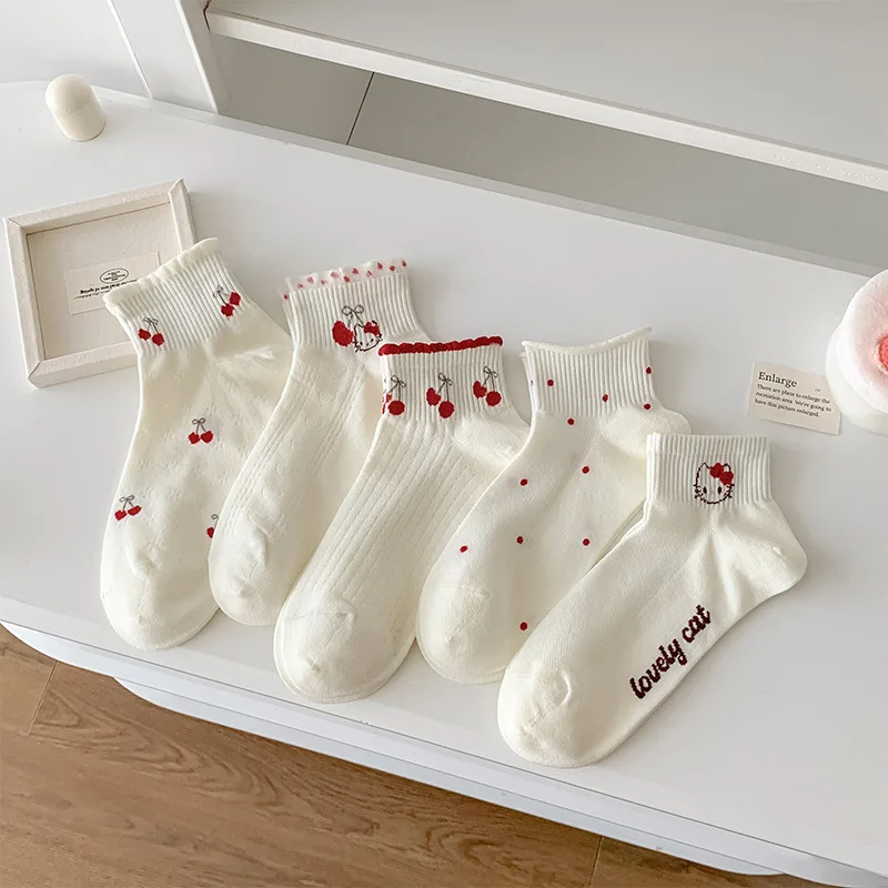 

5Pcs Sanrio Girl Pure Cotton Ankle Sock Summer Kawaii Hello Kitty Anime Fashion Breathable Sweat Absorption Short Cotton Socks