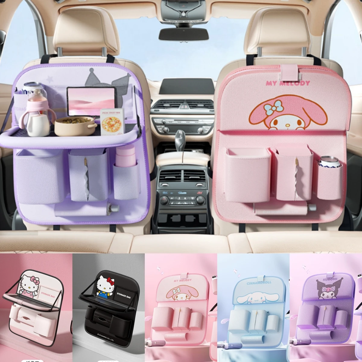 Sanrio Car Seat Back Organizer Bag with Table Board Backseat Storage Bag Auto Rear Seat Multi‑Function Interior Accessories