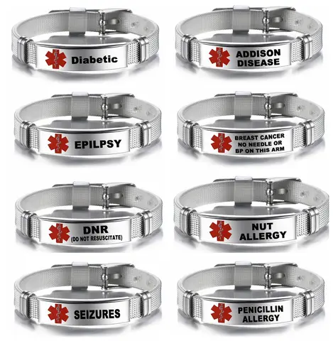 Personalisierte Medical Alert ID Armband Lasergravur Allergie Edelstahl Mesh Gürtel Armband Notfallarmband für Männer Frauen