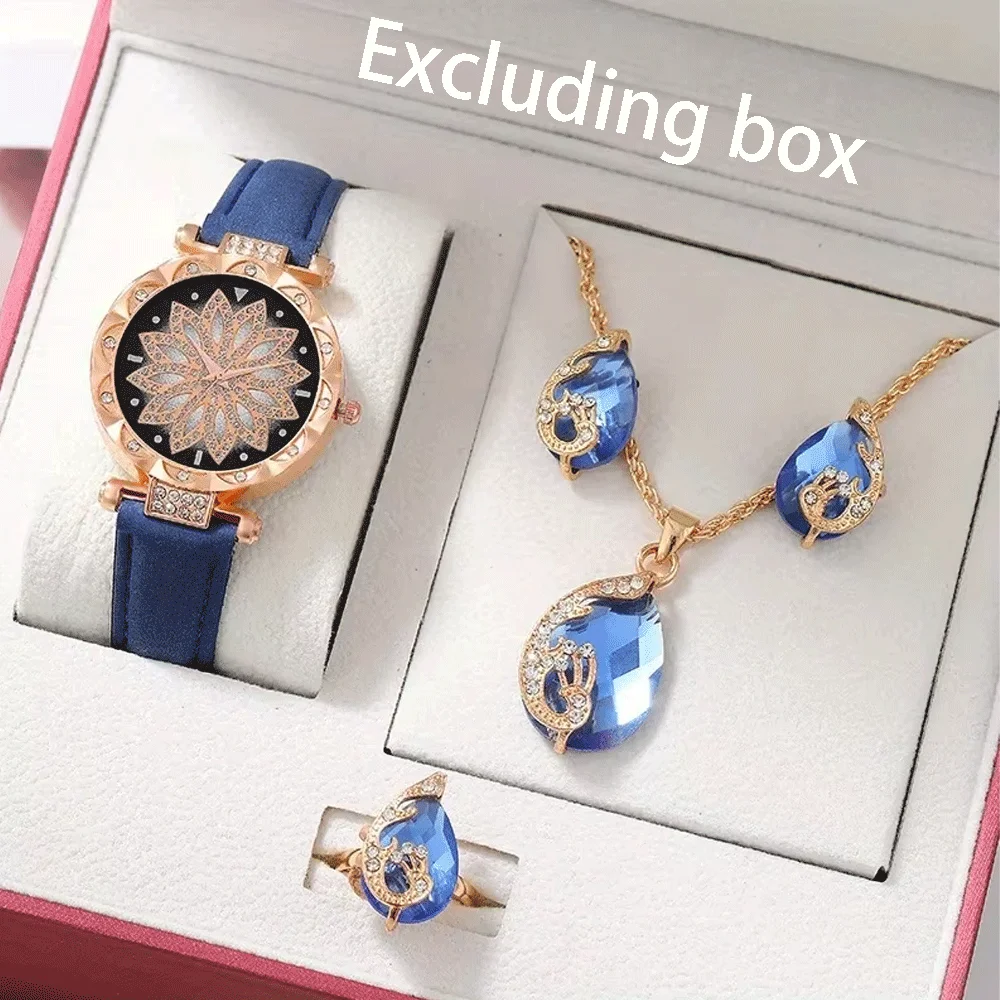 5 قطعة/المجموعة الساعات طقم مجوهرات 1 قطعة من ساعة كوارتز يدوية مستديرة و 4 قطعة من المجوهرات يتوهم النساء الساعات والمجوهرات المتطورة #1