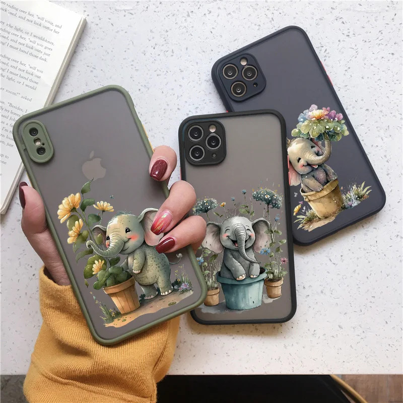 Cute Cartoon Elephant Animals And Potted Plant Phone Case For iPhone 16 15 14 Plus 13 12 Mini 11 Pro MAX XS XR X 7 8 Plus Cover