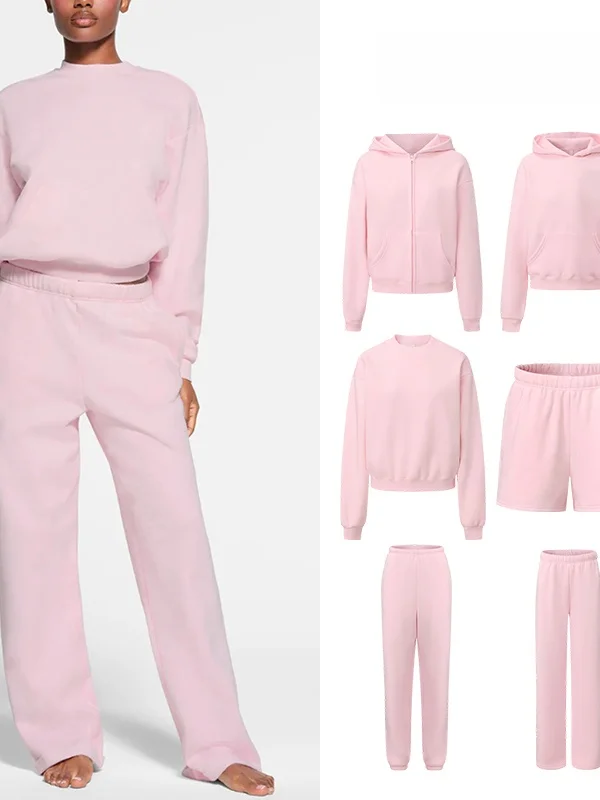 

Комплект из худи и брюк цвета сакуры: повседневный, свободный крой, из смесового хлопка, удобный, с круглым вырезом, на молнии, универсальный для поездок.