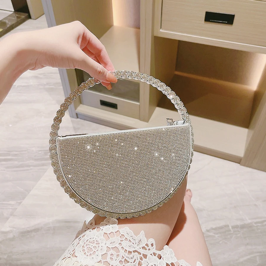 Luxury Round Shape Rhinestone Clutch Bag for Woman Shiny Diamond Purse Handbags Silver Crystal Bridal Party Evening Totes Sac