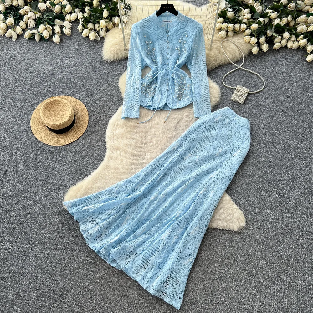 Damen Zweiteiler Set Rock-Set Sexy Spitze V-Ausschnitt Langarm-Oberteil Lange Röcke Hohe Taille Y2k Streetwear Elegant Arbeitstauglich Figurbetont