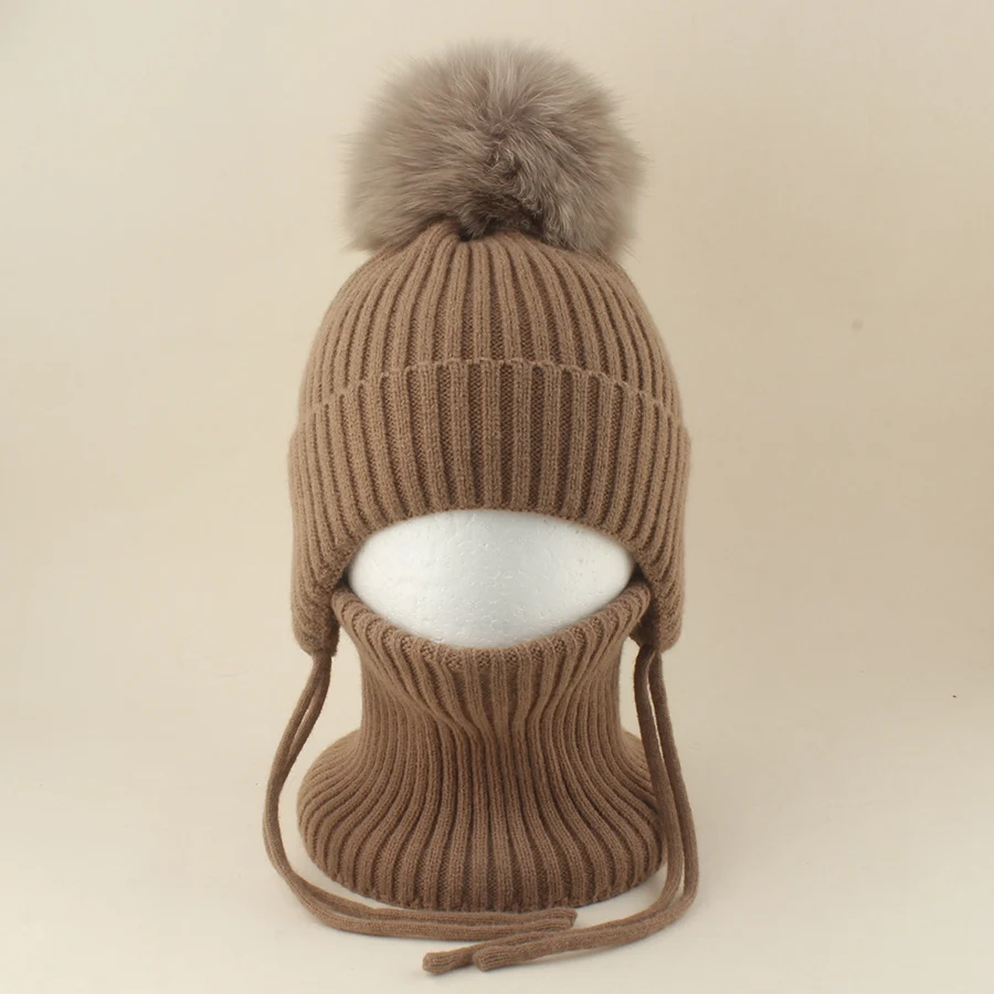 Winter-Wollmütze mit Nackenschutz 2-teiliges Set Echte Fuchsfell-Mütze für Kinder Jungen Mädchen Dicke Fleece Warme Gestrickte Gestreifte Ohrenklappe Baby Skullies Mütze – Detail 12