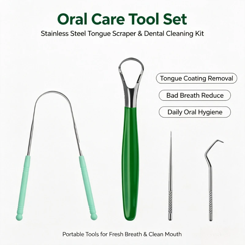 4Pcs Stainless Steel Oral Care Kit,Handle Tongue Scraper Set,U-Shaped Cleaner Tartar Remover Hook, Anti-Snoring Tongue Sweeper