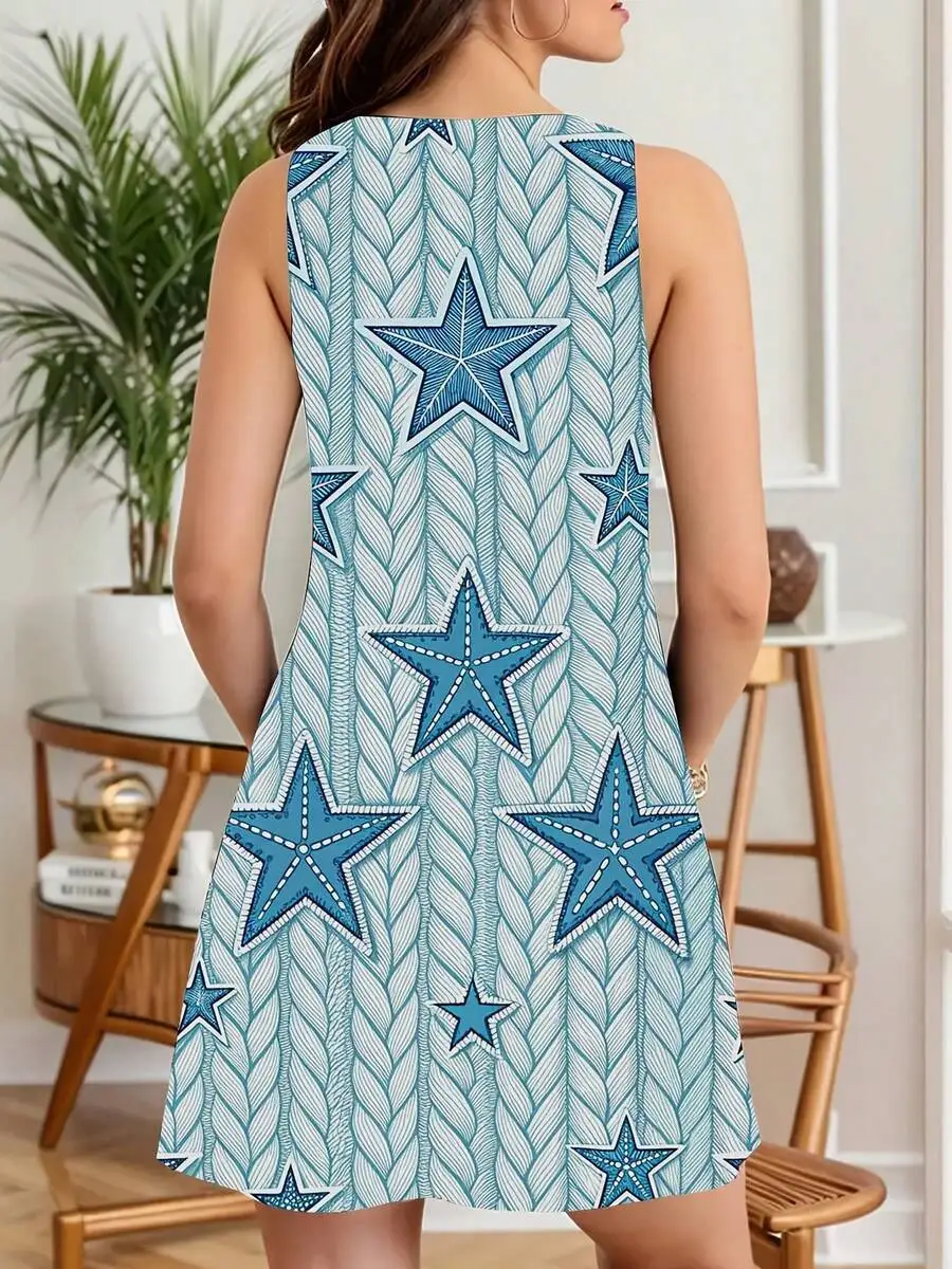 

Women Sleeveless Dress Blue Star Print Summer Casual A-Line Dress