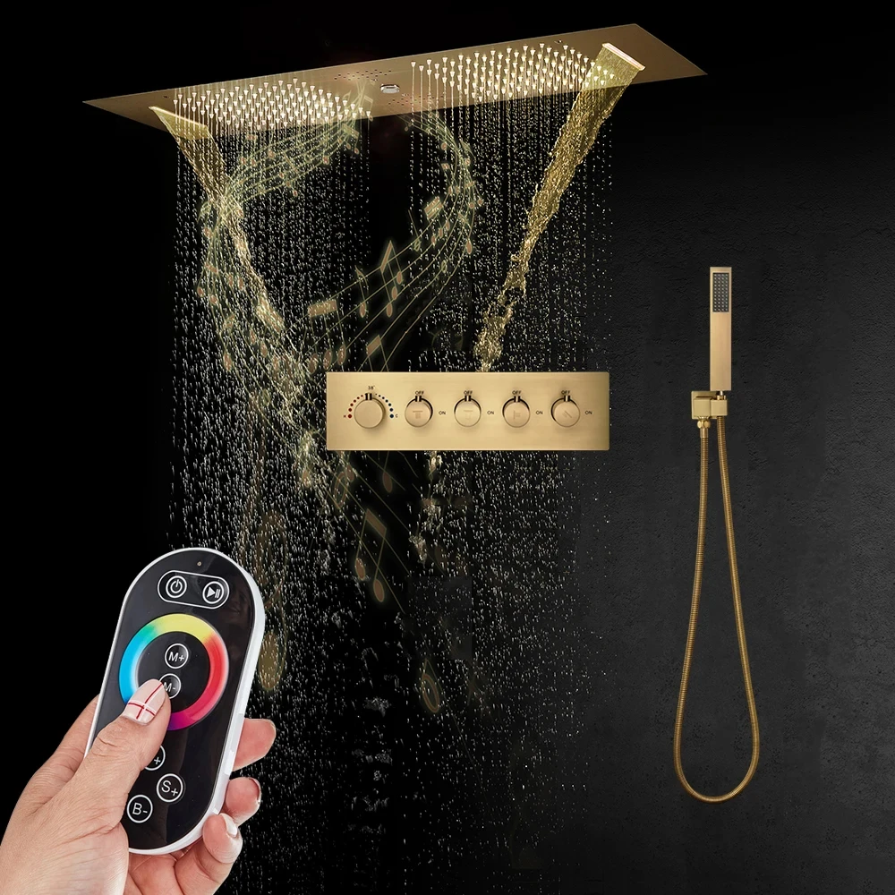 Gold Shower Systems 4 Functions Thermostatic Bathroom Shower Faucets Embedded Ceiling Large Smart LED Music ShowerHeads