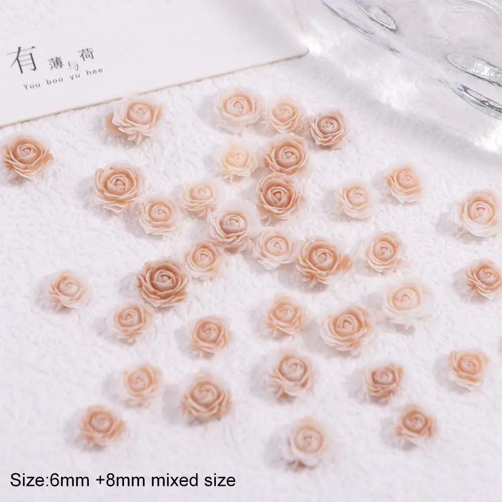 50 Uds. De accesorios para uñas de flores rosas degradadas de resina, 6mm + 8mm, decoración artística de uñas de tamaño mixto 3D, flores de Camelia talladas