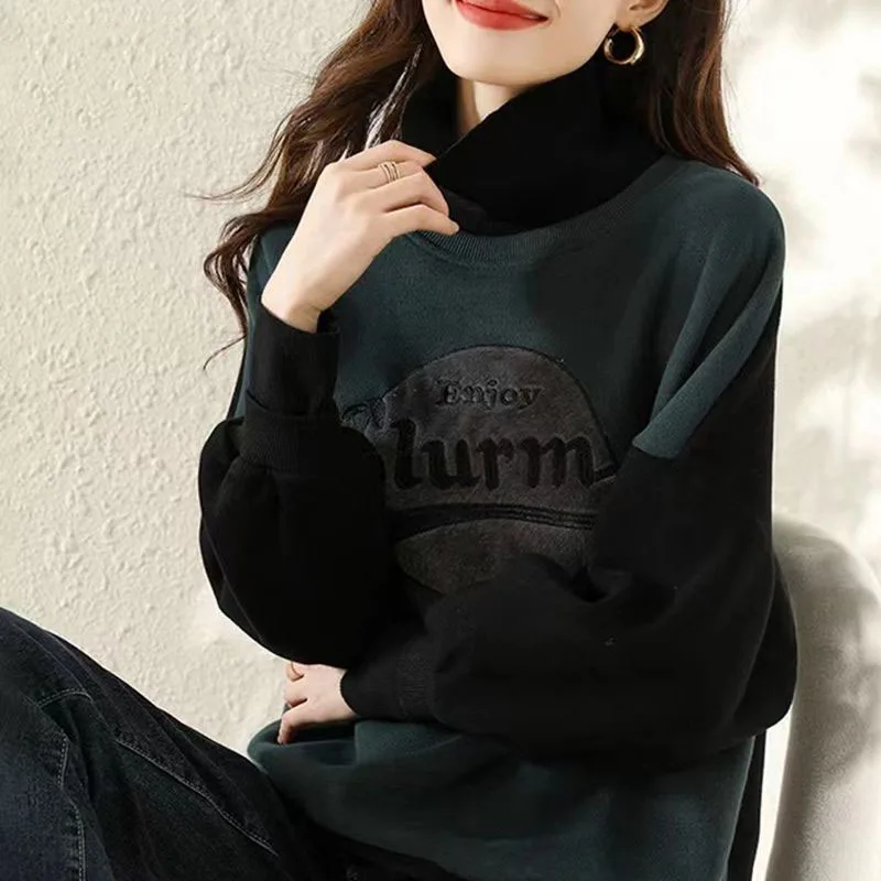 New Spring and Autumn Fashion European Goods Fashionable Small Half Tall Collar Panel Contrast Loose Versatile Women's Sweater