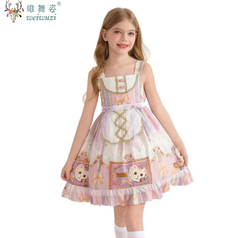 

Children Sweet Lolita Dress Women Vintage Gothic Printed Summer Sleeveless Dress Japanese BowBear Kawaii Princess Maid Dress JSK