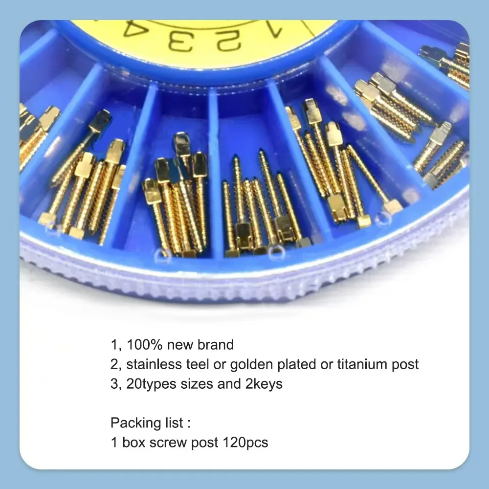 120pcs/box Dentals Gold Plated Screw Post Dentals screw Implants Dental /stainless steelPure titanium root canal nail/Oral mater