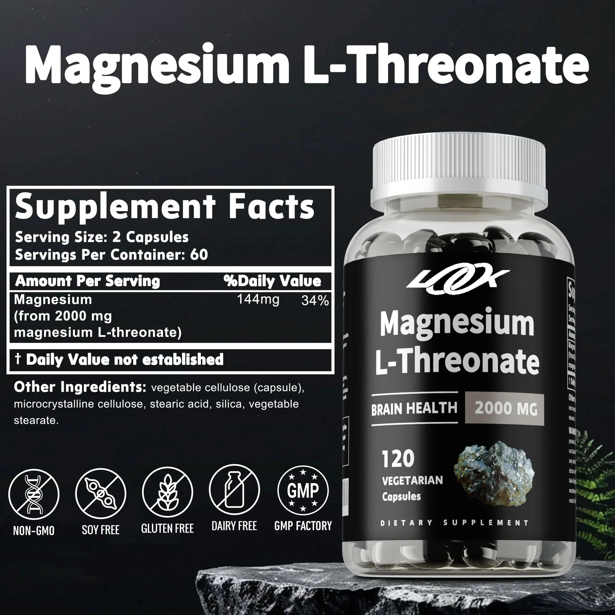 Magnesium L-Threonate - Promotes Brain Health, Enhances Memory, Concentration & Cognition, Improve Mental Agility, Boosts Energy