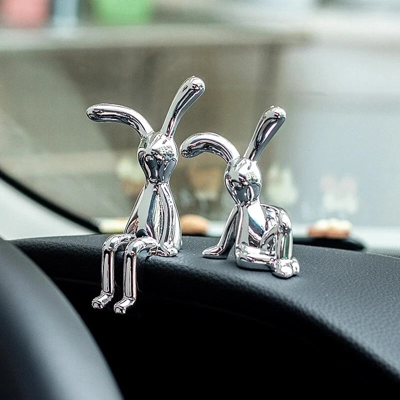 2PC Long-Eared Rabbit Ornaments Sticky Statue Cartoon Accessories Living Room Bedroom Car Decoration Desktop Decorative