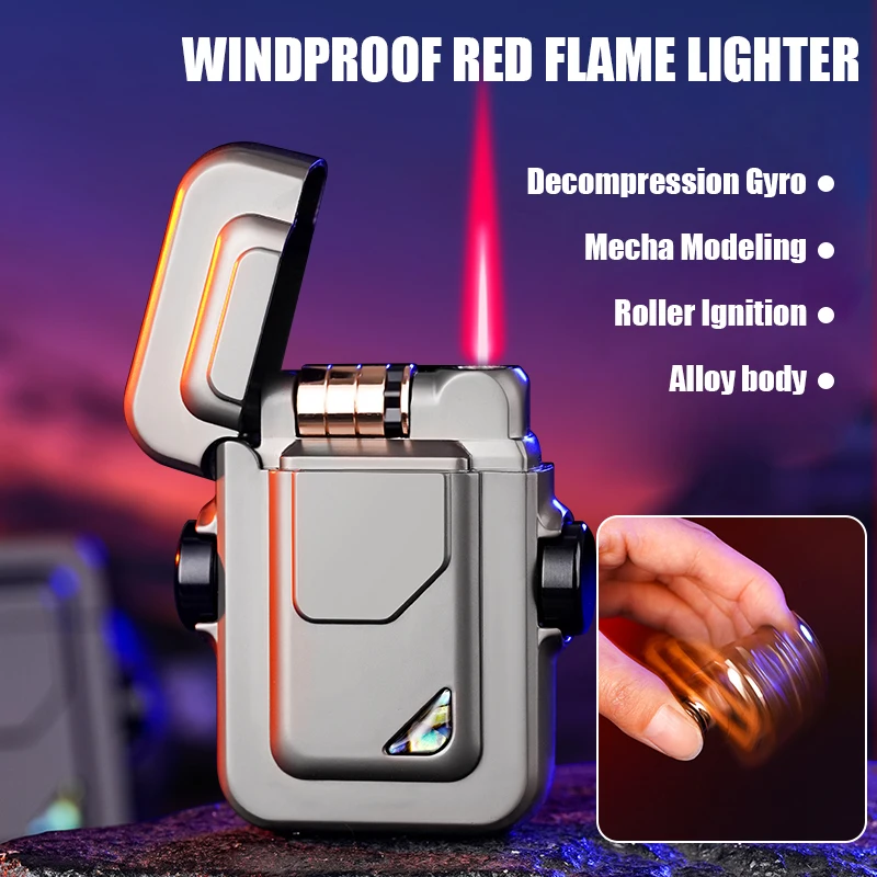 Creative Mecha Modeling  Gyro Windproof Red Flame Inflatable Butane Gas Lighter Roller Ignition Color Shell Inlay Men Gadgets