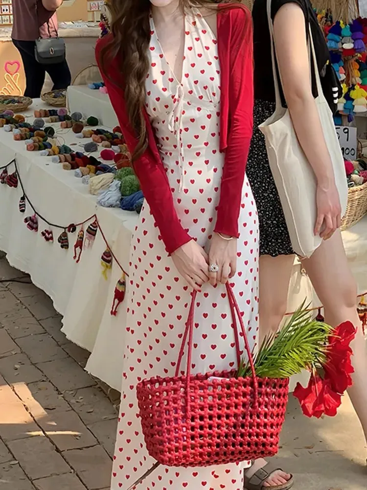 Primavera 2025 Set cardigan rosso da appendere vintage a pois V-Ne Dr Ne da donna, completo da due pezzi, abbigliamento estivo