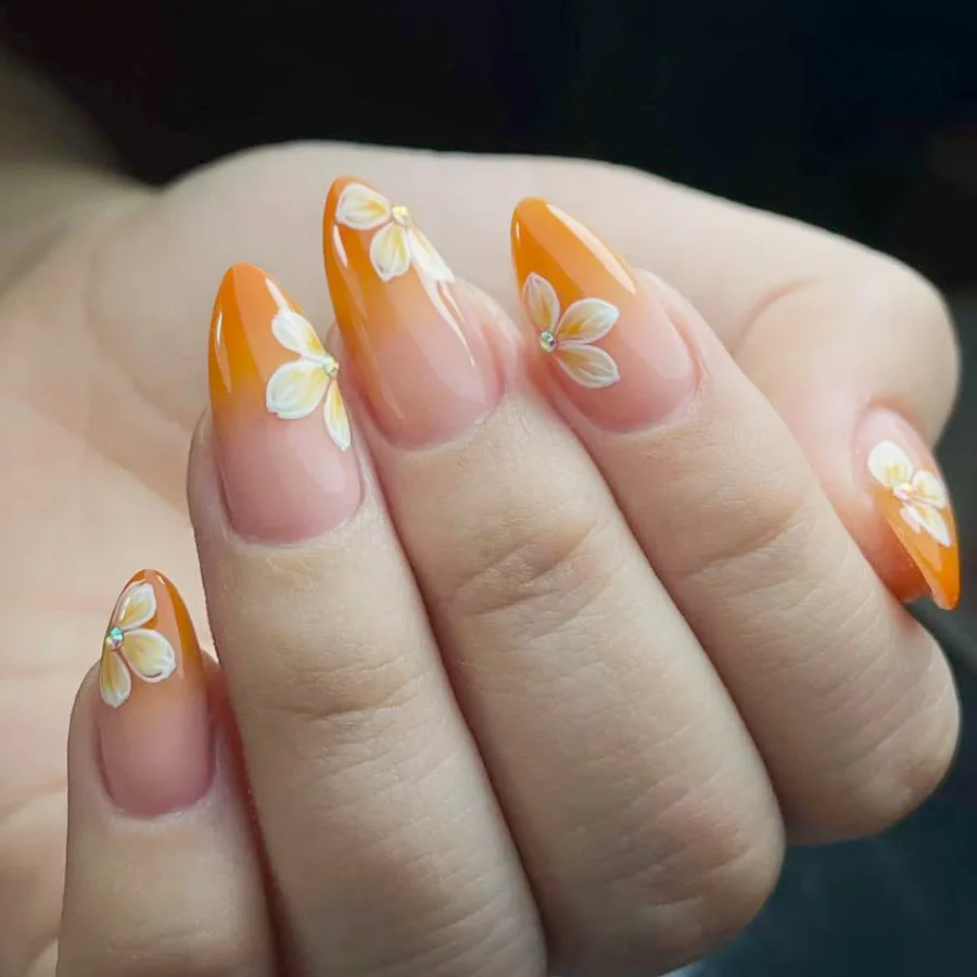 

24PCS Shiny Almond Armor Gradient Yellow French Pointed Flower Nails Rhinestone European American Spring Summer Press on Nails