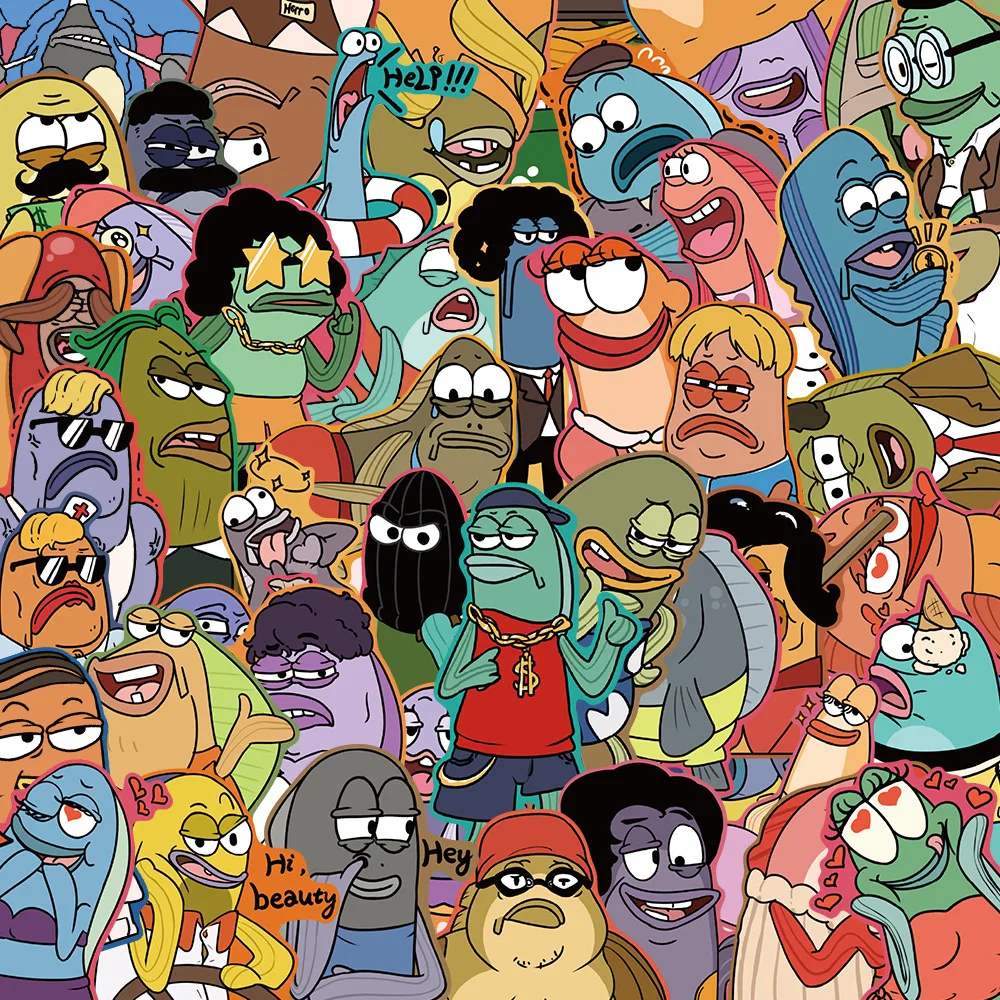 

50PCS Popular Cartoon SpongeBob Mermaid Man Stickers - Cute Journal/Stationery Decals, DIY Decor for Luggage & Notebook