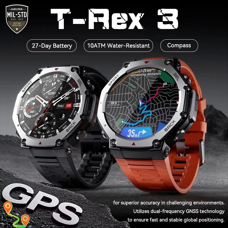 

New T-Rex 3 Dual-Band GPS Military Smart Watch Built-in GNSS 10ATM Waterproof 500mAh Battery Compass Altimeter Sports Smartwatch