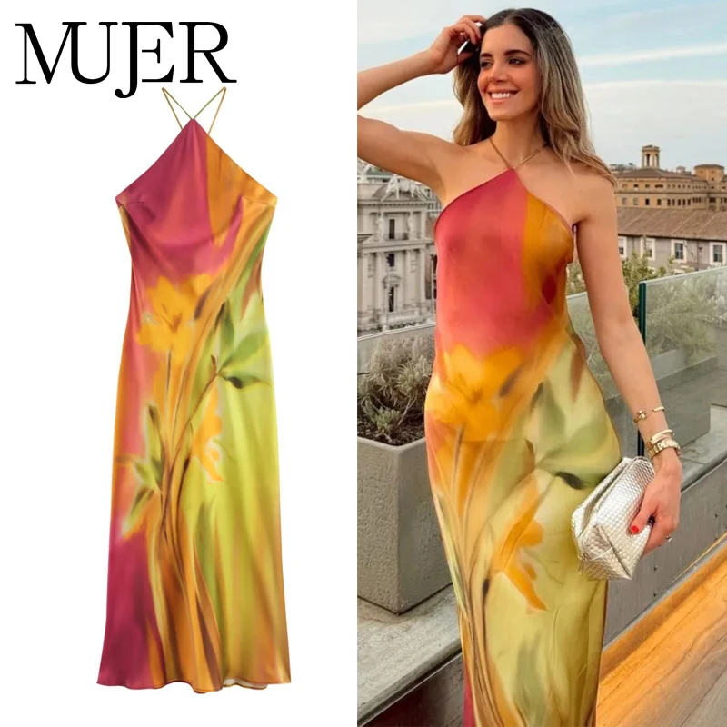 MUJER 2025 Satynowa sukienka z nadrukiem na szyję, seksowna sukienka midi bez pleców, letnie sukienki imprezowe dla kobiet, drapowana sukienka na ramiączkach