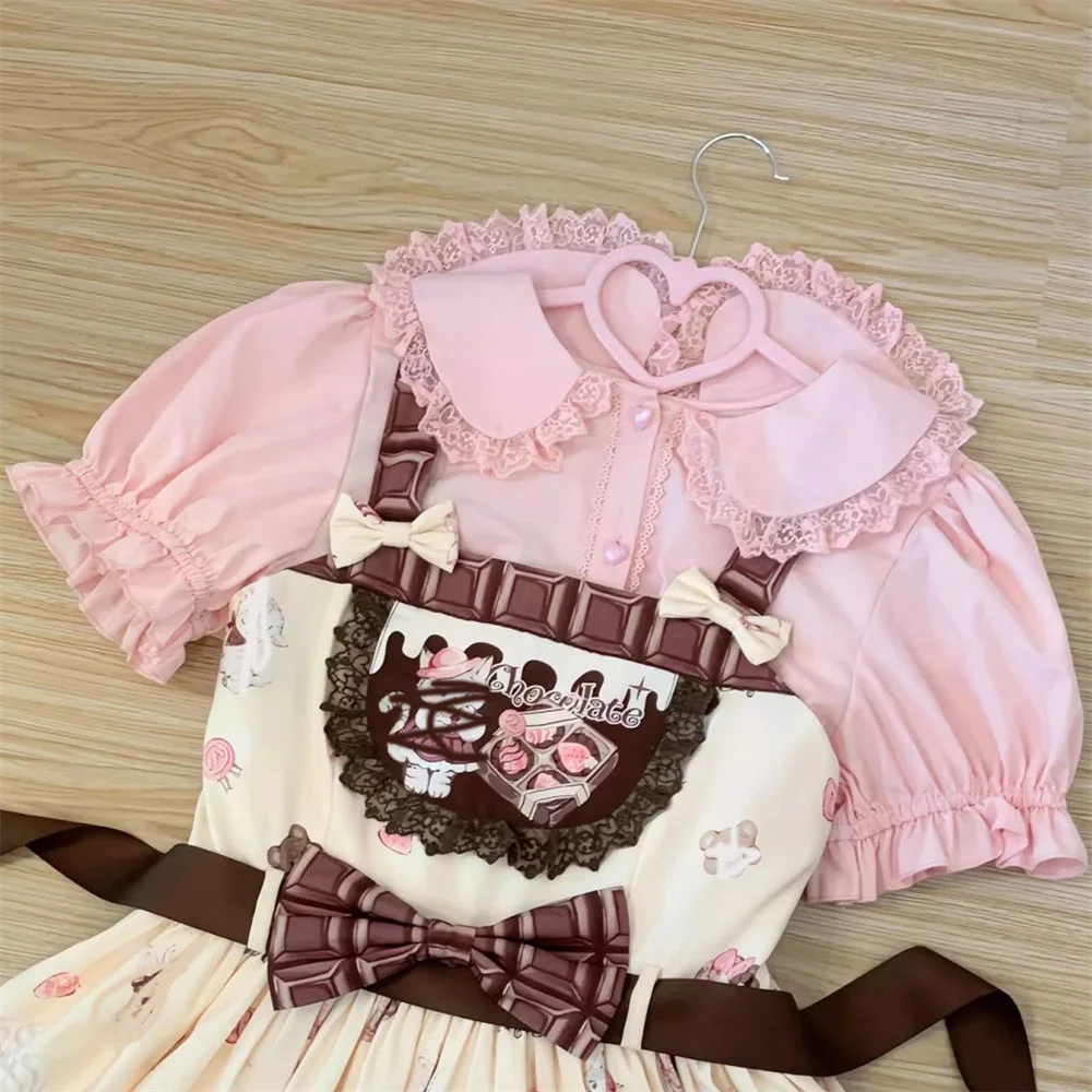 Camisas Lolita Japonesas Kawaii Marrón Rosa 2026 para Mujer, Blusas Dulces con Mangas Cortas Abullonadas y Volantes de Encaje, Ajuste Delgado, Tops Y2K Lindos para Chicas