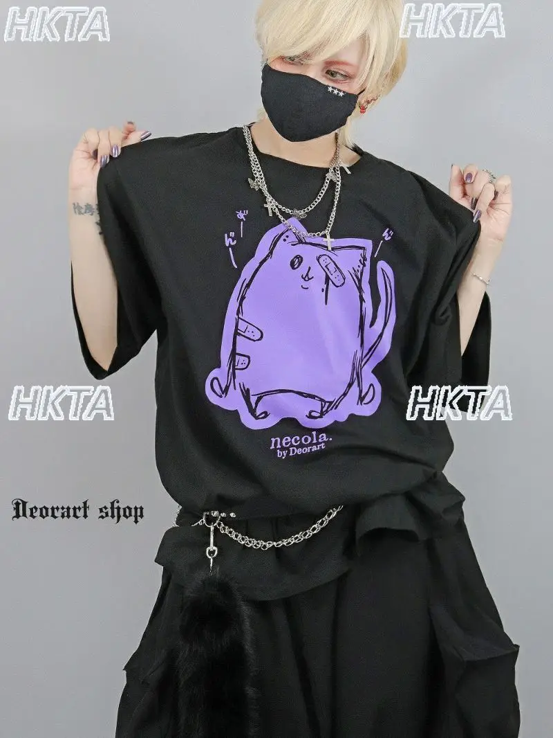 เสื้อยืดแขนสั้นพิมพ์ลายน่ารัก สไตล์โกธิคสุดเท่ห์ สำหรับผู้หญิงและผู้ชาย รุ่นใหม่ล่าสุดสำหรับฤดูร้อน ทรงหลวม สีดำ เสื้อยืดผู้หญิง