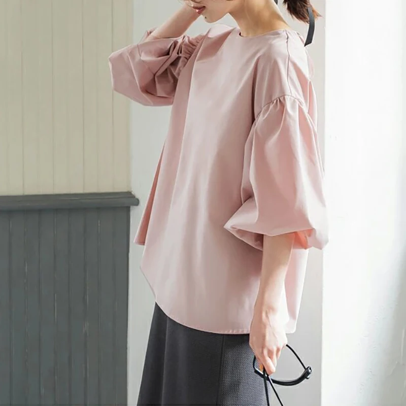 Blusas de manga longa lanterna estilo japonês feminino, camisas soltas vintage primavera-outono, blusa elegante de cor sólida