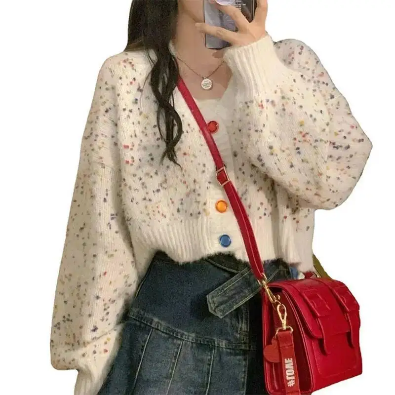 الخريف الدافئة محبوك للنساء الحلو لطيف نمط سترة قصيرة بالأزرار امرأة ملونة زر التباين الخامس الرقبة سترة #6