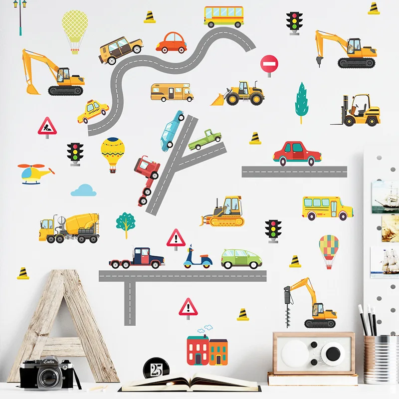 Cartoon Construction Vehicle Wall Stickers for Kids room Nursery Children Boys Bedroom Wall Decor Removable Wall Decals for Home