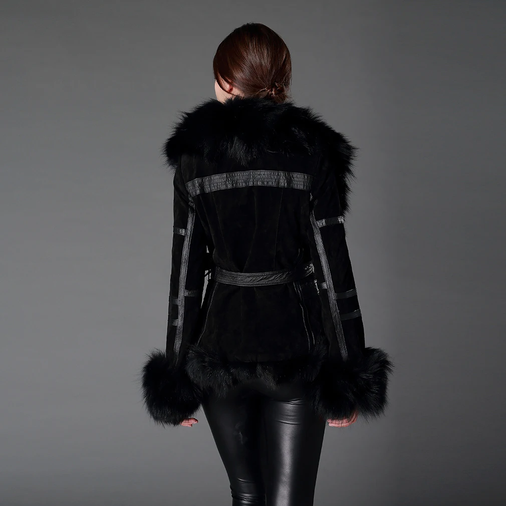 Women Genuine Leather Coat Fox Fur Collar Cuffs and Hem Black Jacket Fur Story FS13055