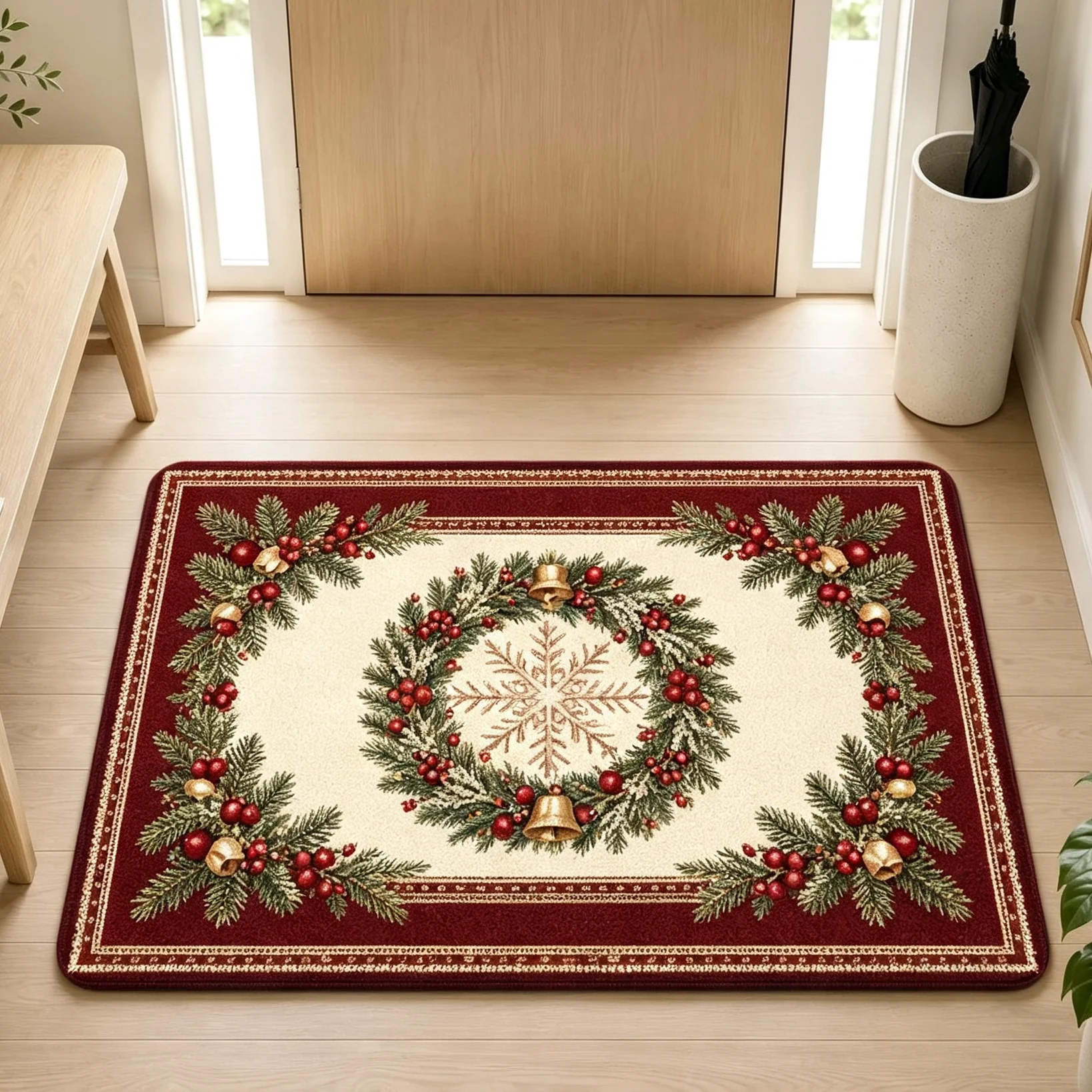 Classic Wreath Bell Berry Deep Red Background Doormat For Cozy Home Entrance Traditional Blessing Design