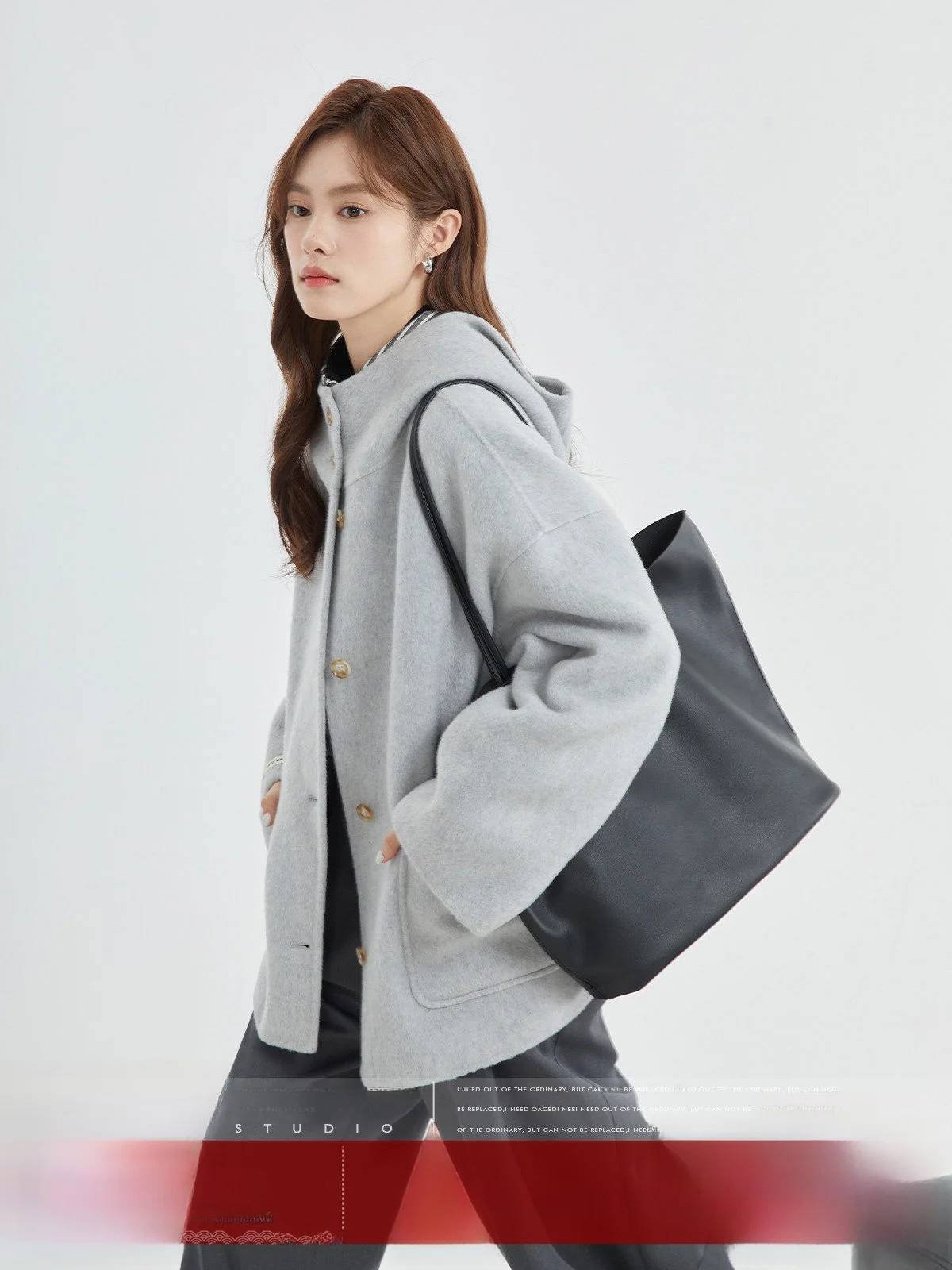 

MoZaic ort Woolen Coat with Hood for Women Ele Double-Faced Camere Jaet Autumn Winter New Sle Vintage Loose Fit