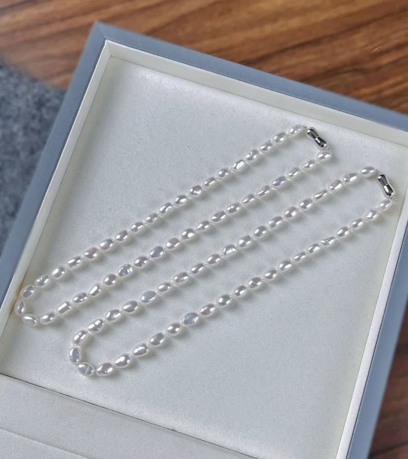 8mm Natural Luxury Baroque Pearl Collar Necklace Women Elegant Simple Torques Choker Necklace 925 Sterling Silver Jewelry 40CM