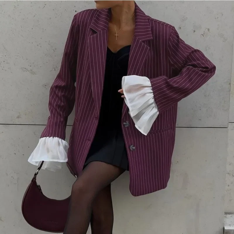

Модный свободный женский пиджак в винно-красную полоску, весна-осень 2022, пальто с расклешенными рукавами и лацканами, элегантные пиджаки, верхняя женская одежда