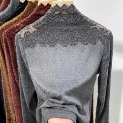 European Style Plush Semi High Neck Long Sleeved Lace Shirt with Women's Patchwork Autumn Winter Slim Inner Layer Bottom Shirt