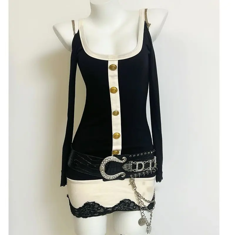 

American Retro Shoulder T-shirt with Stylish Button Design Patchwork Tees Women's Slim-fit Hottie Tshirts Streetwear Ropa Mujer