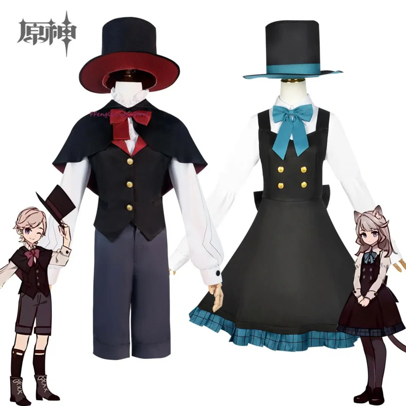 Disfraz de Anime Genshin Impact para hombre y mujer, conjunto de peluca y sombrero, uniforme Lyney para fiesta de Halloween